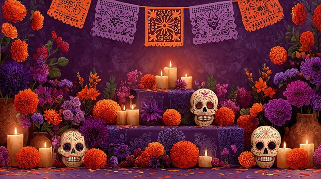 D&iacute;a de Muertos Altar Poster: Multi-Tier Offering with Cempas&uacute;chil, Sugar Skulls and Floating Papel Picado Banner