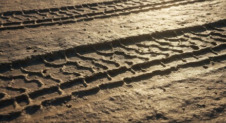 Closeup of distinct tire tracks on dry textured dirt under warm angled sunlight
