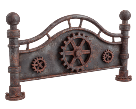 Steampunk gate with large central gear two smaller gears rusted metal industrial pipes isolated on white vintage mechanical style creative design fantasy imaginative mood