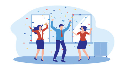 Group of three people celebrating with confetti in an office space near a cabinet and windows happily