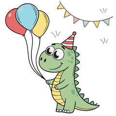 cartoon dinosaur, party hat, colorful balloons, celebration, cute, whimsical, digital art, vibrant colors, playful, joyful

