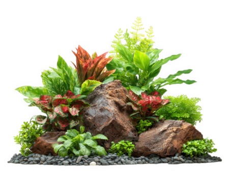Tropical aquarium plants, green foliage, red leaves, natural rocks, lush mini ecosystem, vibrant aquatic habitat, peaceful and decorative arrangement