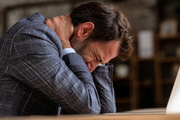 Obraz premium Unhappy businessman suffering from neck pain in the office, laptop on the desk, blurred background. Distressed man with his head between his hands and face down at the work table.