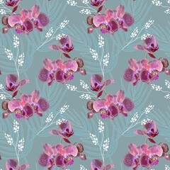 Seamless tropical pattern with orchids on a gray background.