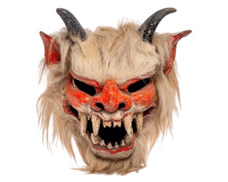 Red demon mask with movable jaw, long fangs, white hair, black horns, and fierce expression, traditional Indian puppet mask, isolated on transparency background