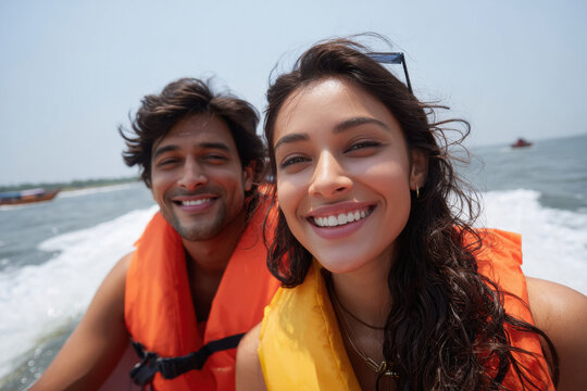 young indian couple enjoying on boat