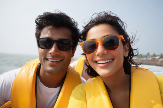 young indian couple enjoying on boat - Powered by Adobe