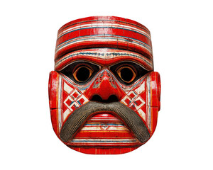 Traditional red wooden mask Indian folk art Yakshagana performer geometric pattern isolated on...
