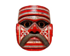 Traditional red wooden mask Indian folk art Yakshagana performer geometric pattern isolated on white cultural heritage dramatic expression hand carved vibrant color