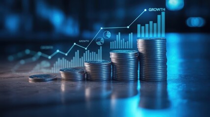 Financial Growth Depicted through Coins and Graphs Symbolizing Investments and Economic Development with a Futuristic Blue Tone
