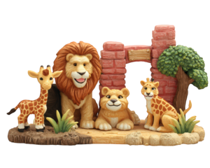 Lion giraffe cub animal figure zoo entrance gate tree brick playful scene cheerful expression decorative