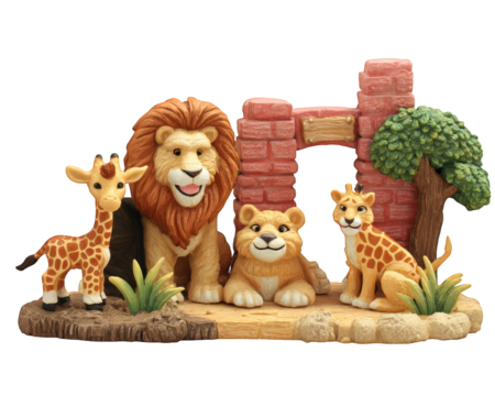Lion giraffe cub animal figure zoo entrance gate tree brick playful scene cheerful expression decorative