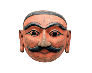 Rajasthani puppet mask with mustache traditional Indian folk art hand painted wooden face cultural heritage expressive eyes decorative vibrant colors ethnic vintage isolated