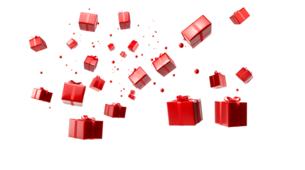 Festive red gift boxes float  isolated on transparent background, conveying celebration and presents
