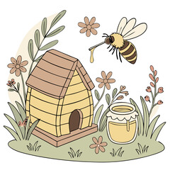 cozy_beehive, honey_pot, wildflowers, buzzing_bee, lush_greenery, cute_illustration, whimsical_nature_scene, hand-drawn_style, soft_colors, enchanting_landscape
