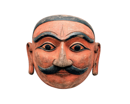 Rajasthani puppet mask with mustache traditional Indian folk art hand painted wooden face cultural heritage expressive eyes decorative vibrant colors ethnic vintage isolated
