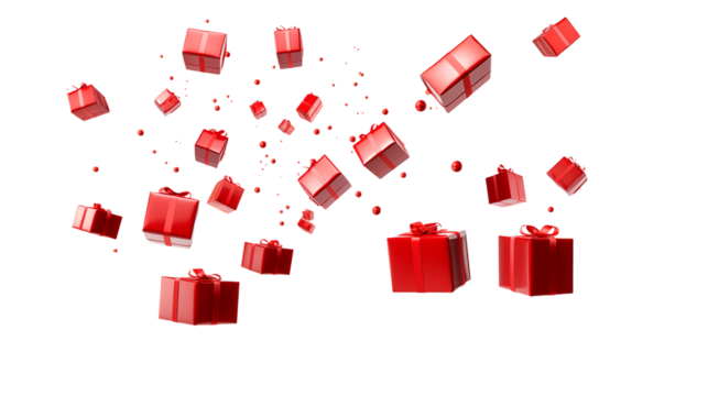 Festive red gift boxes float  isolated on transparent background, conveying celebration and presents