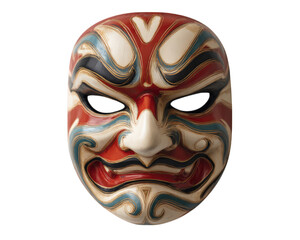 Red white blue traditional mask dramatic expression cultural art isolated intricate design face theatrical emotion hand painted festival