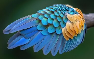 Fototapeta premium Vibrant bird wing, close-up. Feathers in turquoise, blue, and gold