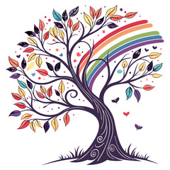 colorful tree, whimsical design, abstract foliage, rainbow leaves, ornate branches, stylized nature, digital illustration, fantasy art, decorative tree
