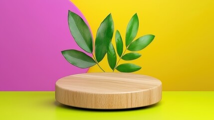 Green Leaves on Wooden Display Stand Against Pink and Yellow Background