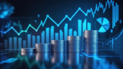 Financial Growth and Investment Visualization Stacks of Coins and Rising Charts Representing Success and Prosperity in the Digital Age