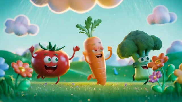 Happy cartoon vegetables jumping in a meadow with flowers illustration for kids and educational content