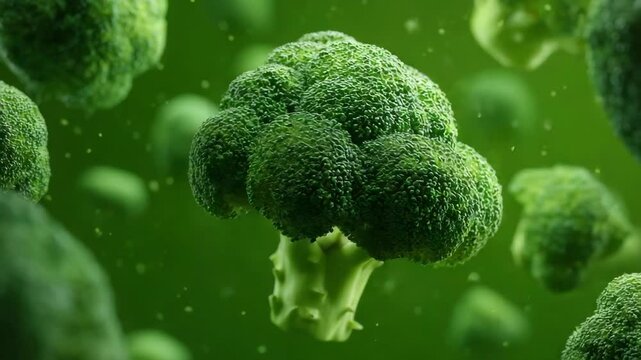 Fresh green broccoli floating in air on green background, CGI 3D render