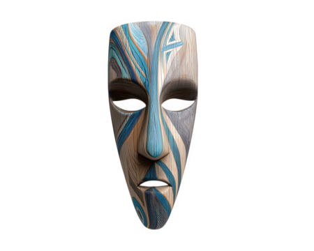 Colorful tribal mask with vibrant blue, beige, and gray patterns, wooden texture, elongated shape, and expressive features, symbolizing cultural heritage and artistic tradition
