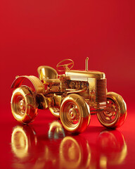 Golden tractor model displayed on a bright red background showcasing craftsmanship and design details. Generative AI