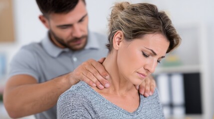 Fototapeta premium Young male physical therapist working with a female patient in a clinic office, holding her neck and shoulder for pain treatment at work.