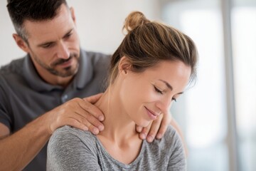 Fototapeta premium Young male physical therapist working with a female patient in a clinic office, holding her neck and shoulder for pain treatment at work.