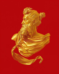 Golden bust of an ancient philosopher against a vibrant red background showcasing fine details and artistry. Generative AI