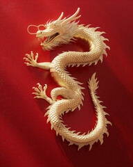 Golden dragon sculpture displayed on a red background showcasing intricate details and craftsmanship. Generative AI