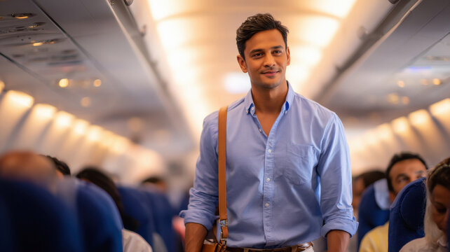 young indian professional man walking in plane