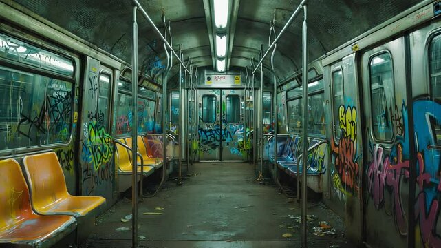 An abandoned subway car sits motionless on tracks, interior seats stained with grime and covered in graffiti. A dark tunnel extends behind it, with water dripping from the ceiling