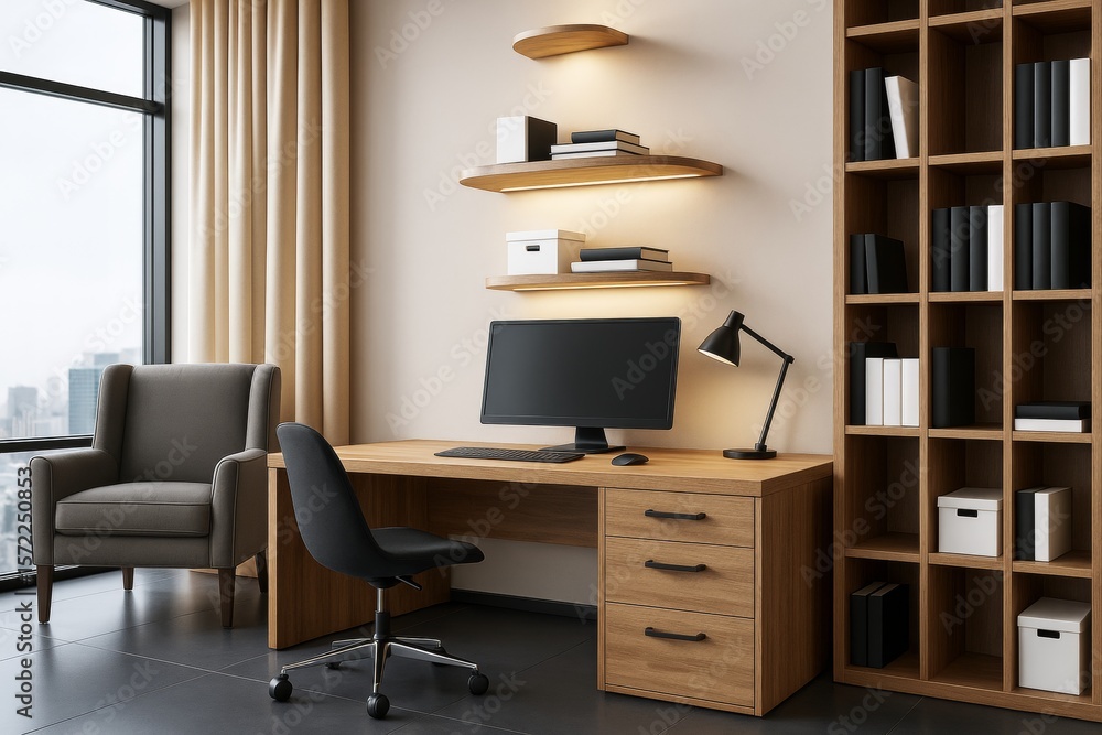 Poster modern light-filled home office workspace with wooden desk, shelves, and computer setup in a busines