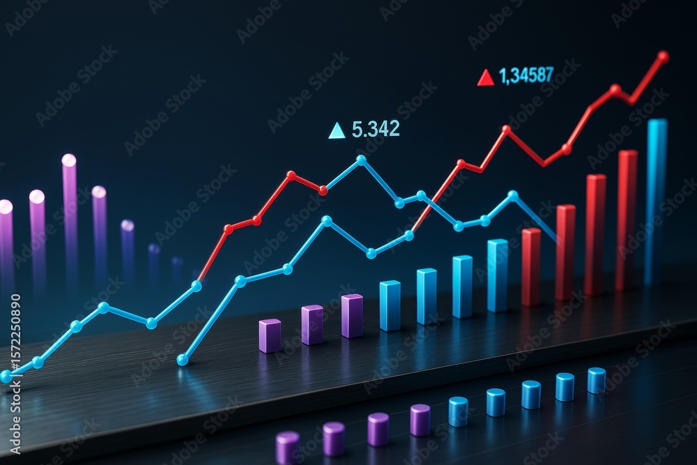 Aufkleber Colorful 3D style business graph with red and blue trend lines and bar charts on a dark background showing data analysis and growth concept.