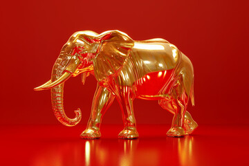 Golden elephant sculpture stands on shiny surface against vibrant red background creating striking visual contrast. Generative AI
