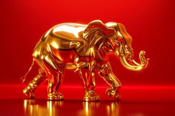 Golden elephant sculpture stands on shiny surface against vibrant red background creating striking visual contrast. Generative AI