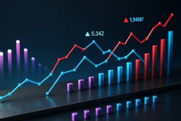 Colorful 3D style business graph with red and blue trend lines and bar charts on a dark background showing data analysis and growth concept.