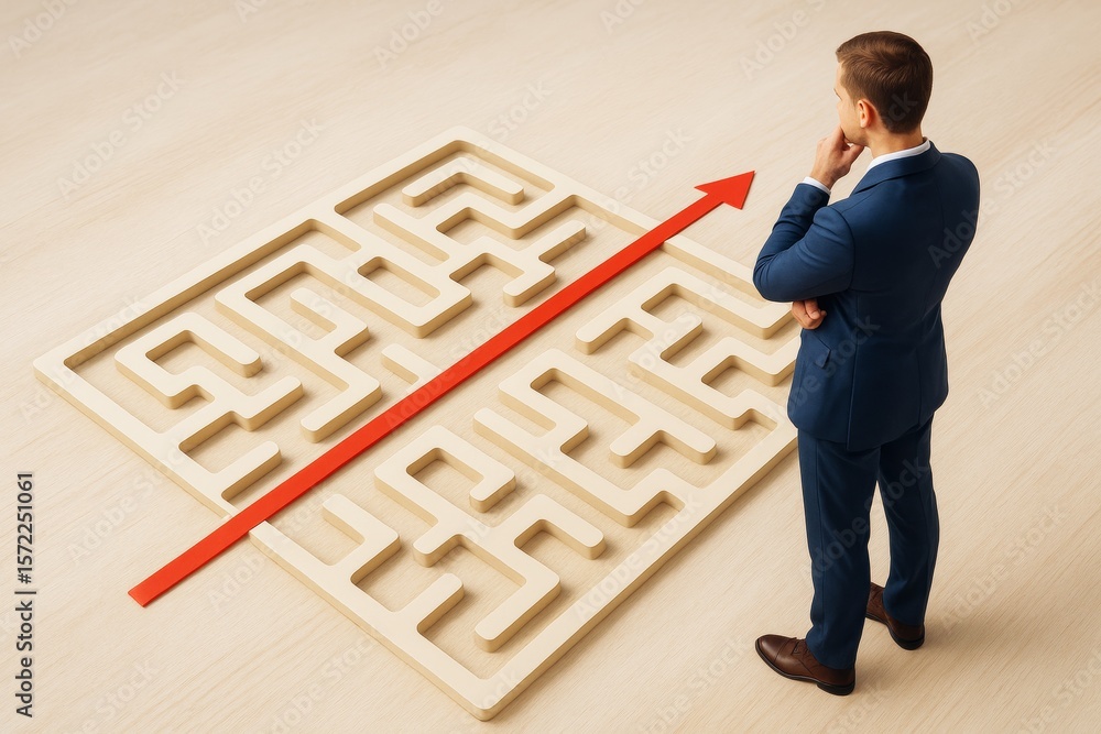 Poster Businessman thinking about shortcut strategy over maze with red arrow on light background, symbolizing problem solving and innovation concept.