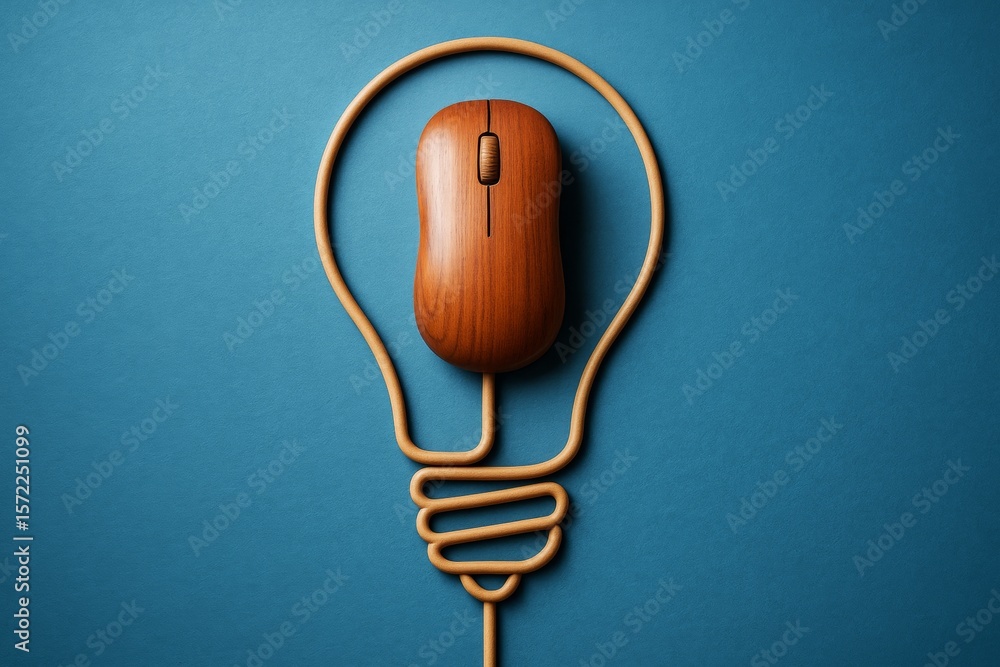 Aufkleber wooden computer mouse shaped as a light bulb with cord on blue background symbolizing innovation and