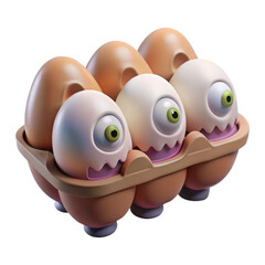 Funny cartoon eggs with big green eyes and mouths in a carton isolated on transparent background
