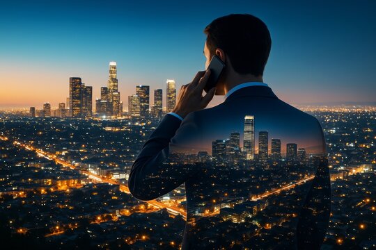 Businessman talking on phone with double exposure of cityscape at night, symbolizing modern communication and corporate success concept.