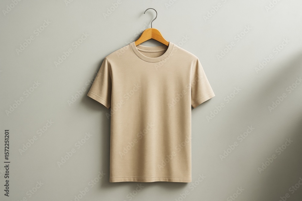 Poster Plain beige t-shirt on hanger displayed against smooth light background with soft shadows and minimalist abstract business style concept.