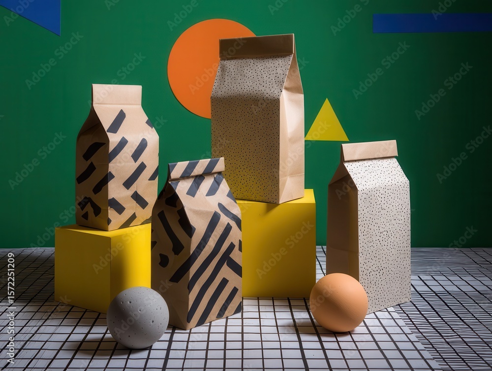 Aufkleber stylish paper bags with geometric patterns displayed on a modern surface.