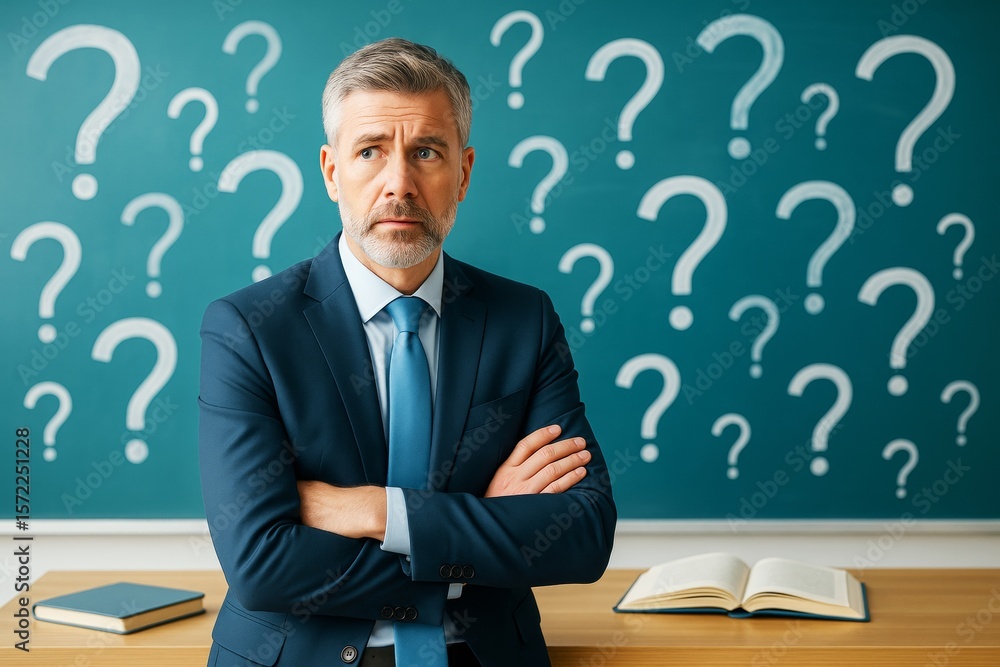 Poster Confused businessman in suit standing in front of chalkboard with question marks on light blue background, concept of uncertainty and decision making.