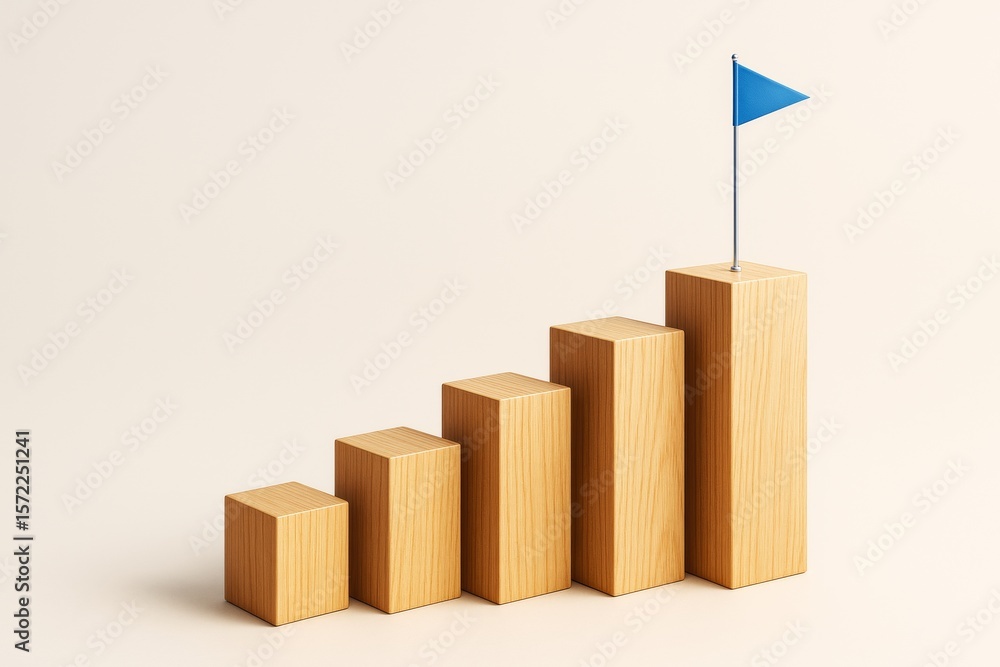 Poster Wooden bar chart with blue flag showing business growth concept on light background in minimalistic style. Ai generative.