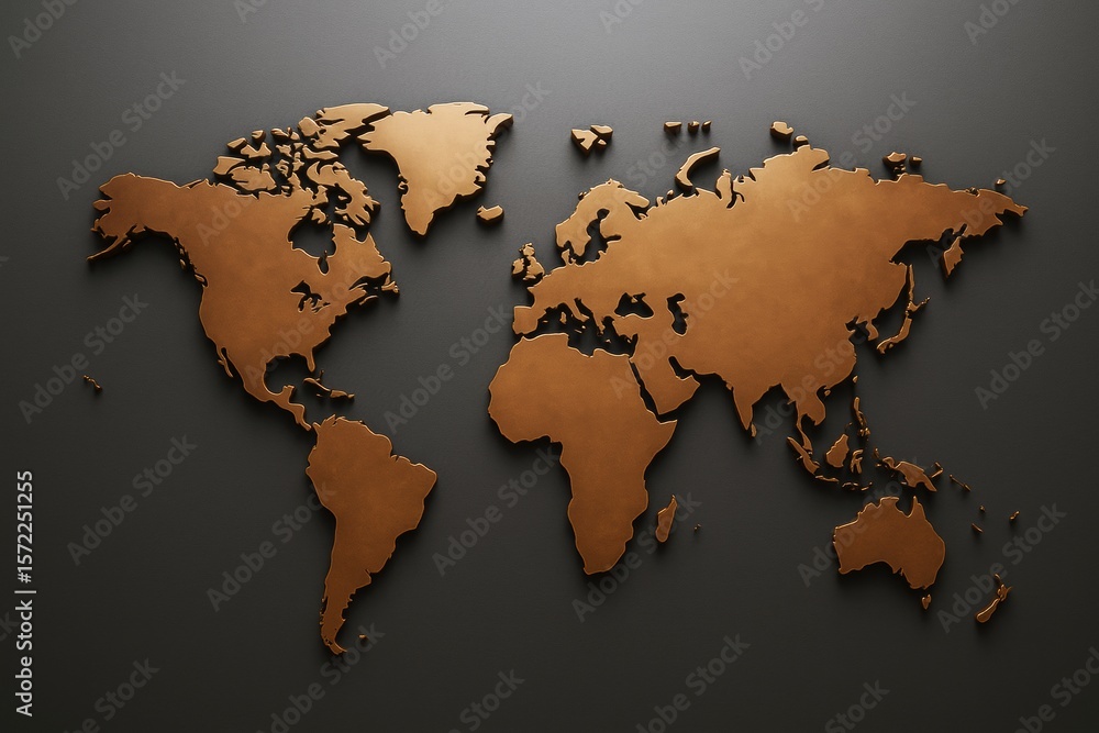 Poster Bronze metallic world map on dark background symbolizing global business networks and abstract international communication concept.